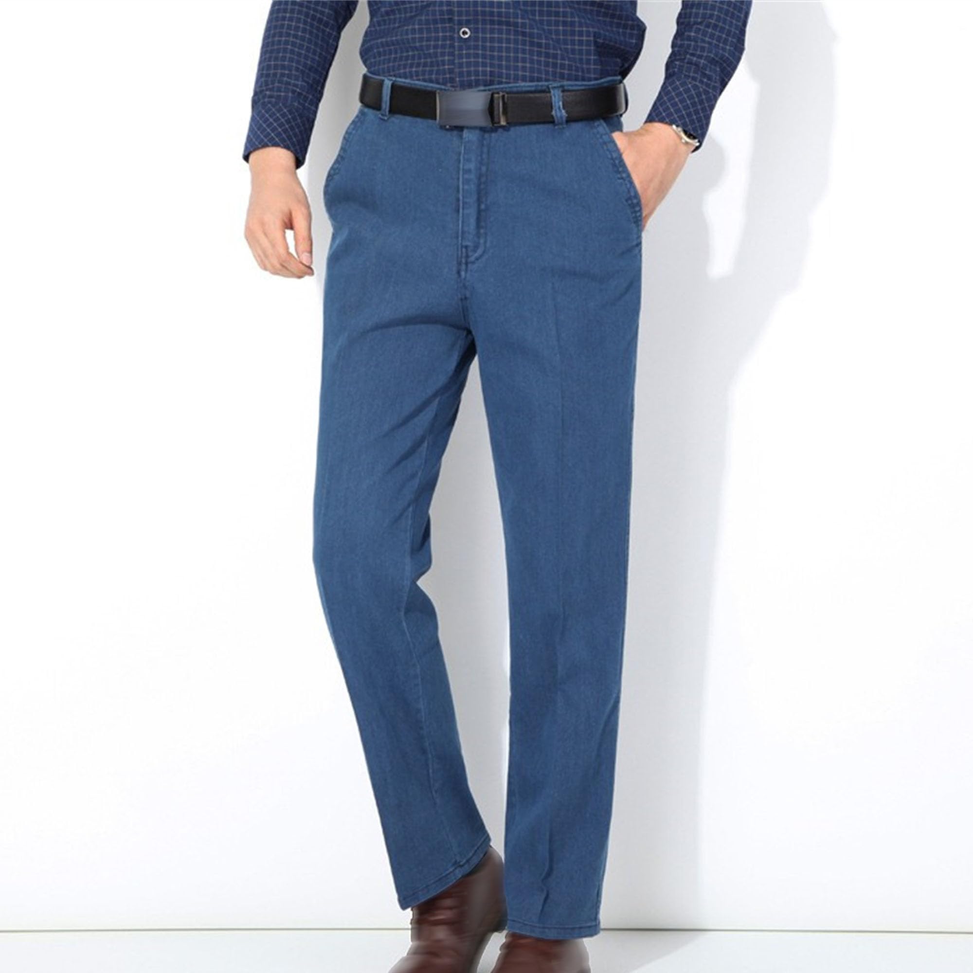 Men's Classic Business Jeans Straight Leg Washed Denim Trousers Retro Distressed Loose Fit Jean Pants (Blue2,40)