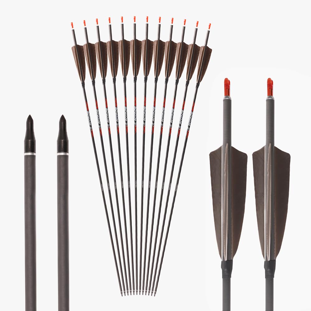 12 Piezas Plumas Marrones Flechas Spine 200 250 300 350 400 500 600 700 800 ID 6,2 mm Flecha de Caza, Pluma de Pavo de 4 Pulgadas, para Tiro con Arco