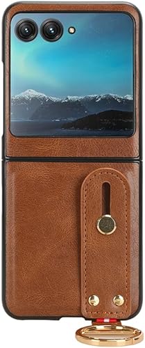 Miniatura 3 de Funda para Motorola Razr+ (2023), Motorola Razr 40 Ultra, cubierta trasera de cuero flexible ultra delgada con soporte para muñeca de metal para