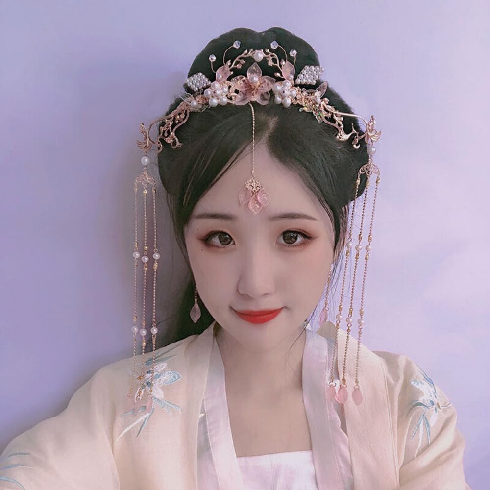 Horquilla larga china con borla larga con flor y perlas Hanfu. Accesorios para el cabello