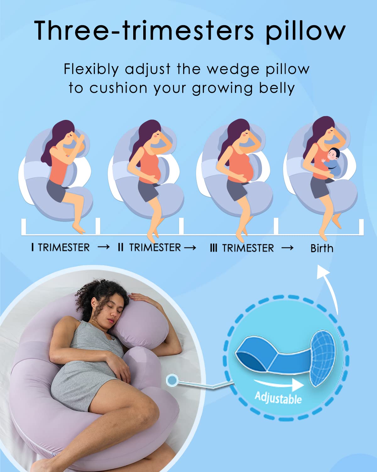 QUEEN ROSE Cooling Pregnancy Pillows,E Shaped Full Body Pillow for Sleeping, with Pregnancy Wedge Pillow for Belly Support, 60 Inch Maternity Pillow for Side Sleeper, Rayon Cover from Bamboo, Purple