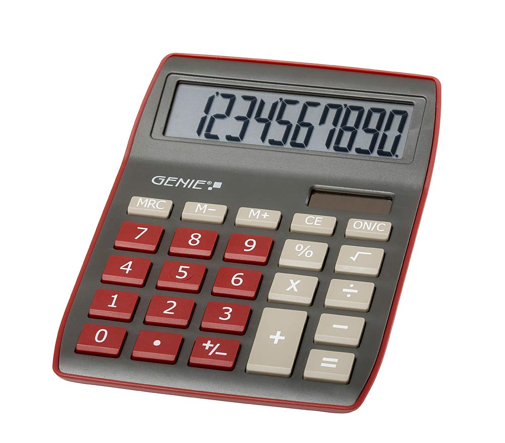 Genie 840 DR 10 Digit Desktop Calculator; Dual Power (Solar and Battery); Compact Design; Dark Red