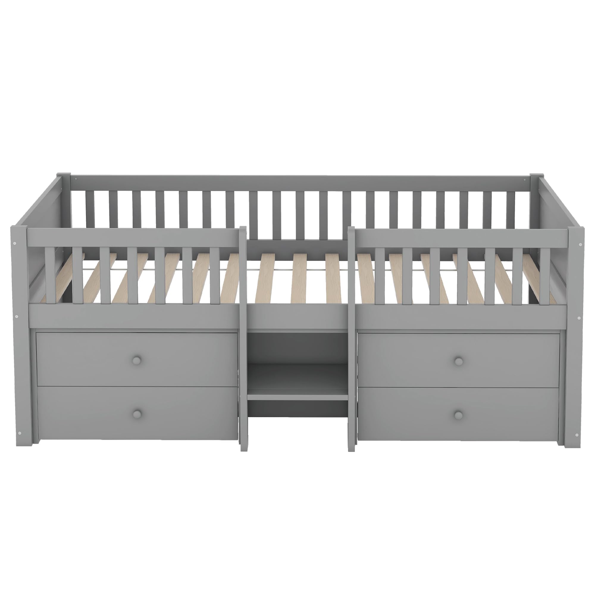 Lubvtti Cama para niños con 4 cajones, Cama Montessori 90 x 200 cm,Cama Infantil con barandilla y Base de láminas, sin colchón, Estilo Minimalista, Gris