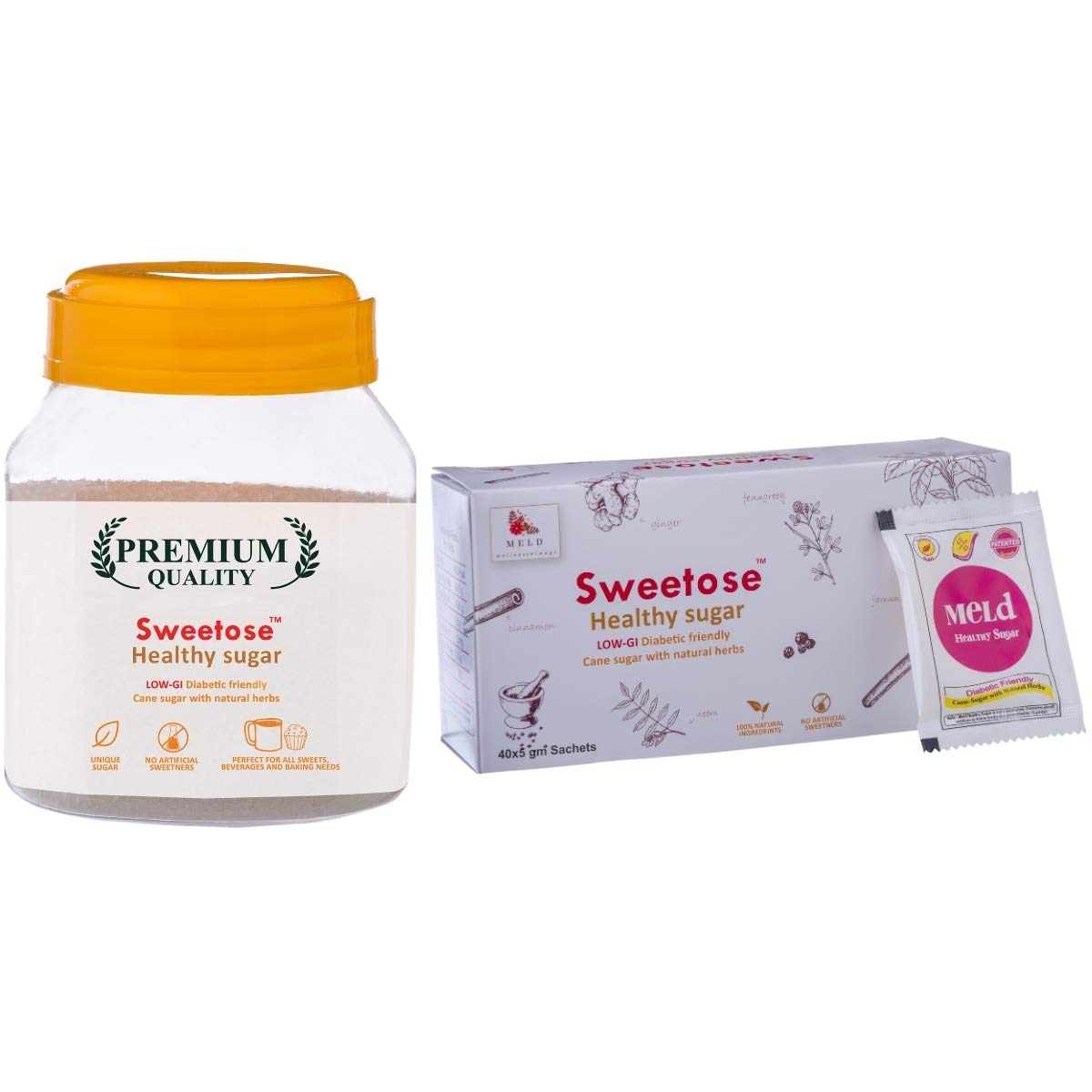 Meld Wellness Always Sweetose Healthy Sugar Herbal Cane Sugar with Low GI Sulphur Less, Free from Chemicals and Artificial Sweetener - natural sugar substitute 200gm sachet and 400gm jar combo pack