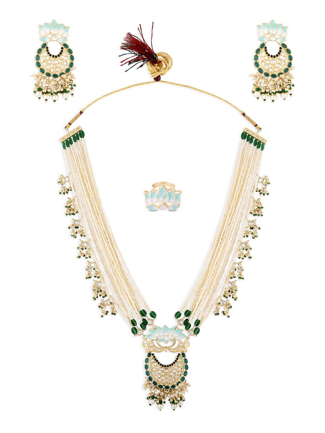 ZAVERI PEARLS Turquoise Blue & Green Multistrand Meenakari Lotus Pearls Necklace Earring & Ring Set For Women-ZPFK14748 (B0BDG56JGT) Amazon Price History, Amazon Price Tracker