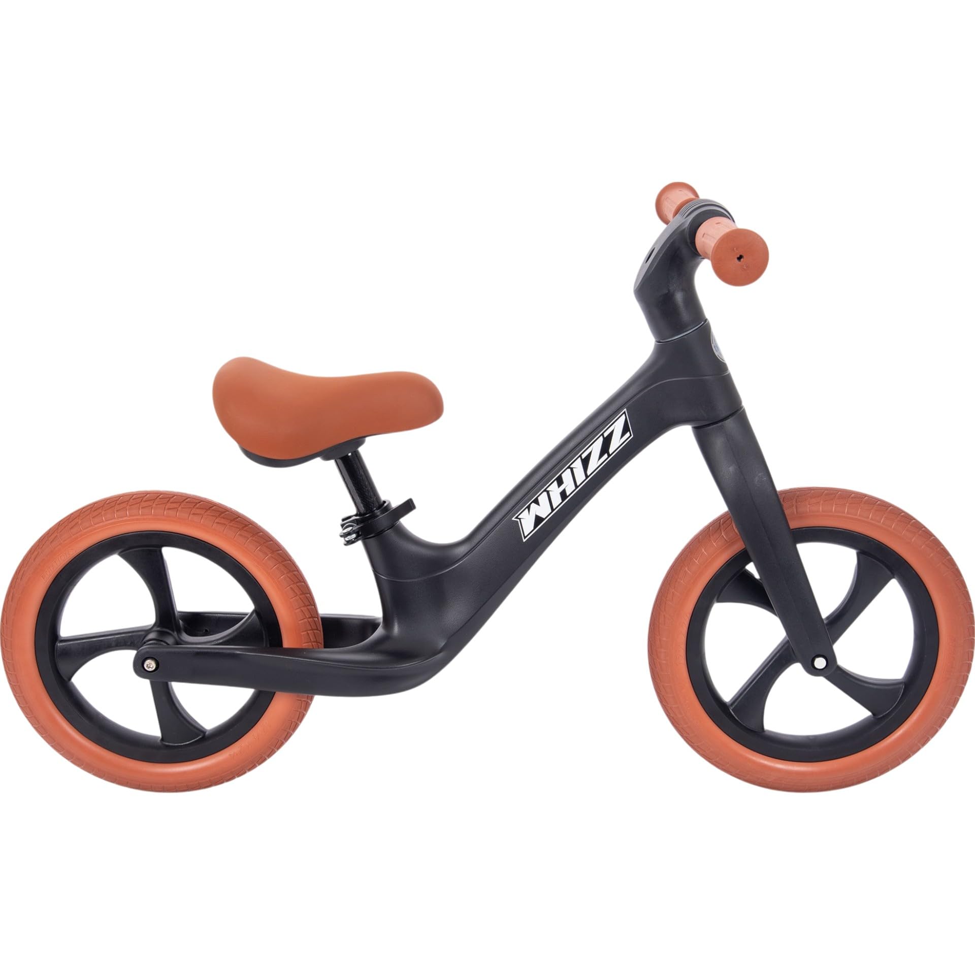 Tickit Whizz rowerek biegowy dla małych dzieci, regulowane siedzisko (32-41 cm), lekki, nierdzewna rama, odporne na przebicie, wspomaga równowagę i zaufanie, 2-6 lat, czarny/brązowy