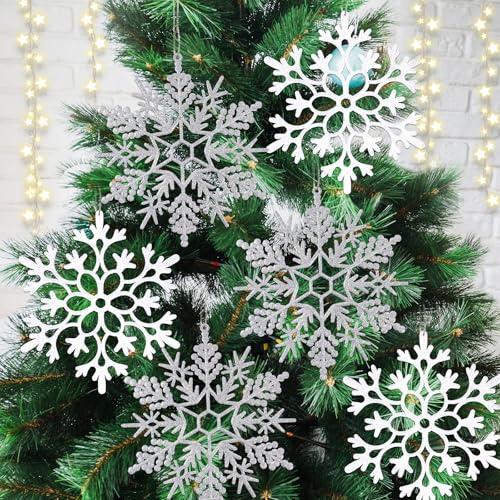 6pcs Large White Silver Snowflakes Ornaments Big Plastic Glitter Snowflake