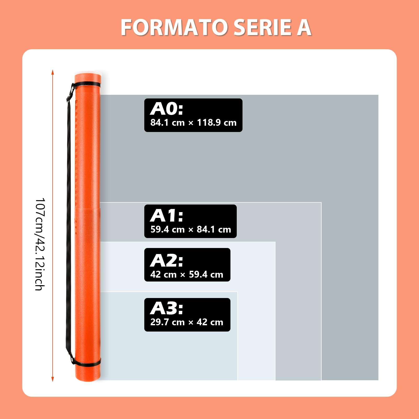 DEWEL Tubes Transport a0, Tube Poster, 63-107 cm, tubo de dibujo de transporte adecuado para fotos, carteles y flipbooks, longitud y asa ajustables, de plástico. (naranja)
