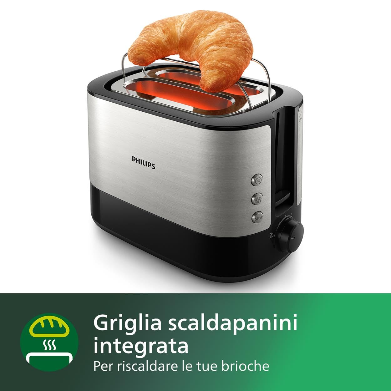 Philips Viva Collection Tostapane 2 Fette, 7 Impostazioni, 950W, Inox/Nero | Toaster con griglia scaldapanini, alloggiamenti ampi, scongelamento e vassoio raccoglibriciole rimovibile (HD2637/90)