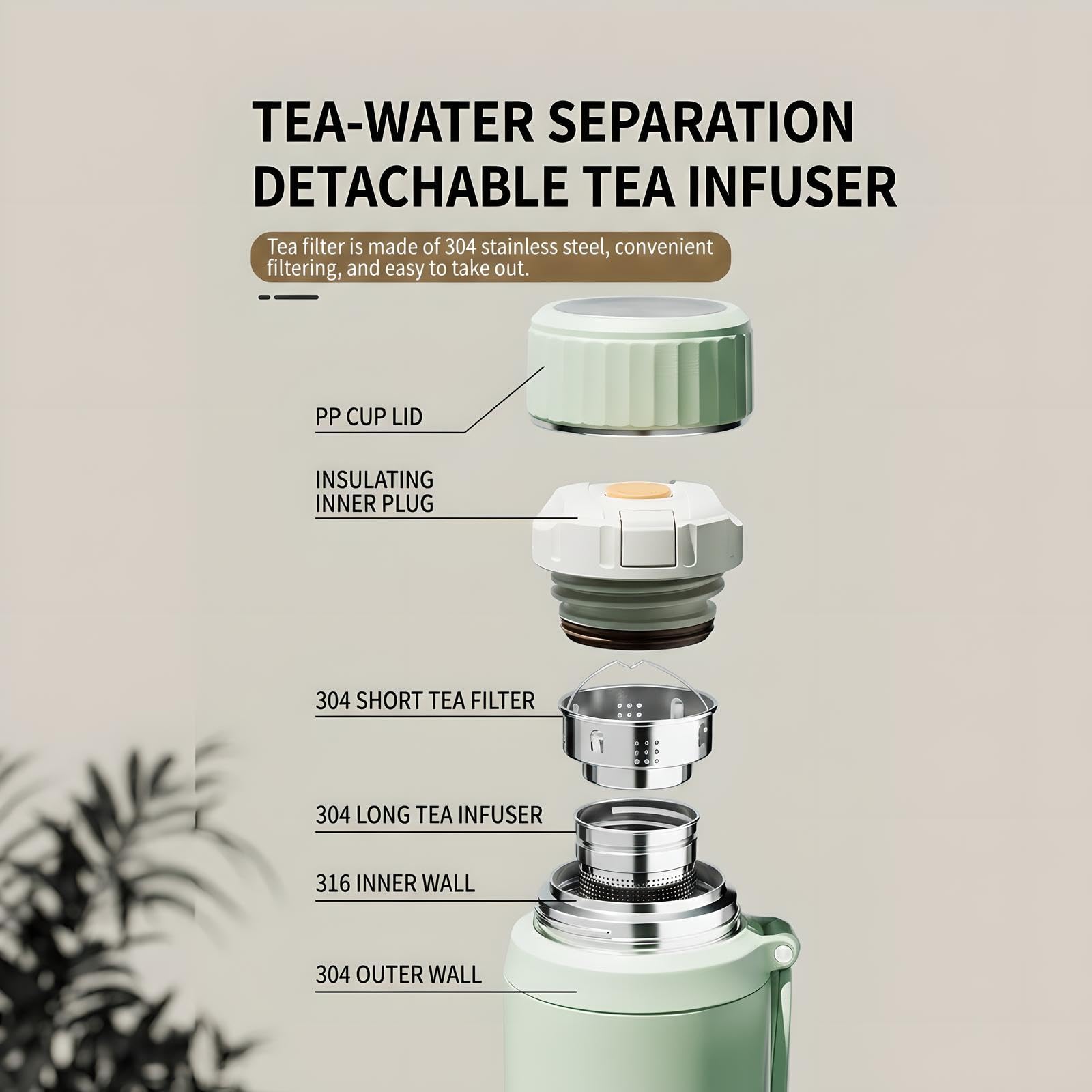Botella de agua de acero inoxidable 316 de 1 L/1,5 L, termo aislado al vacío con infusor de té desmontable, sin BPA, taza de viaje a prueba de fugas, mantiene el calor y el frío durante más