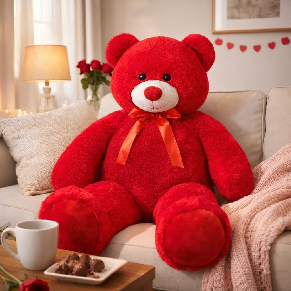Giant Teddy Bear 4ft Stuffed Animal Big Teddy Bear Plush with Red Ribbon Bow and Paw Pads Plush Toy for Girlfriend Lover Mom Kids Anniversary Valentines Birthdays Gifts 48 inch Tan