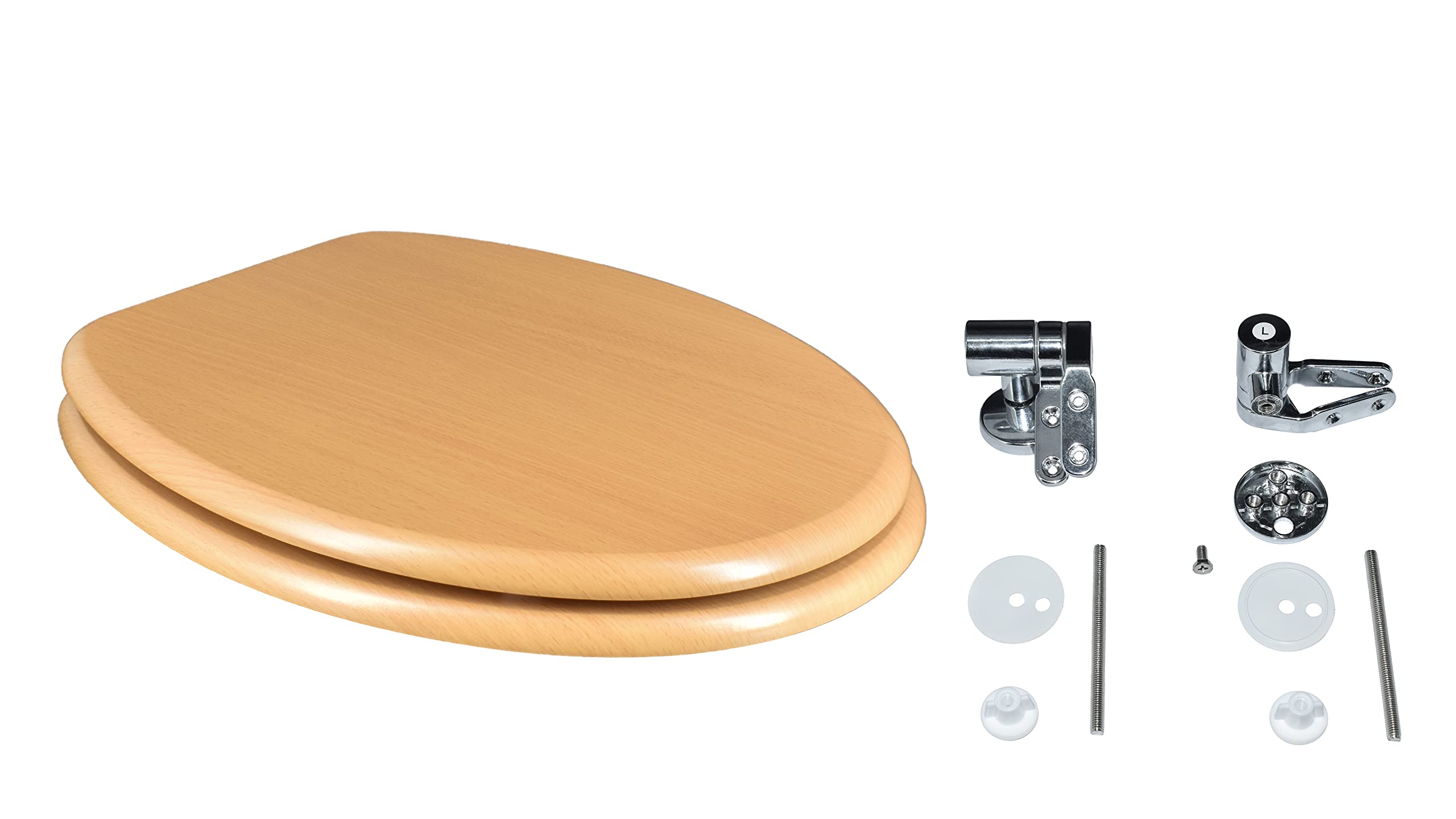 Asiento de inodoro universal de MDF revestido de haya, color haya, con bisagras de cierre amortiguado.