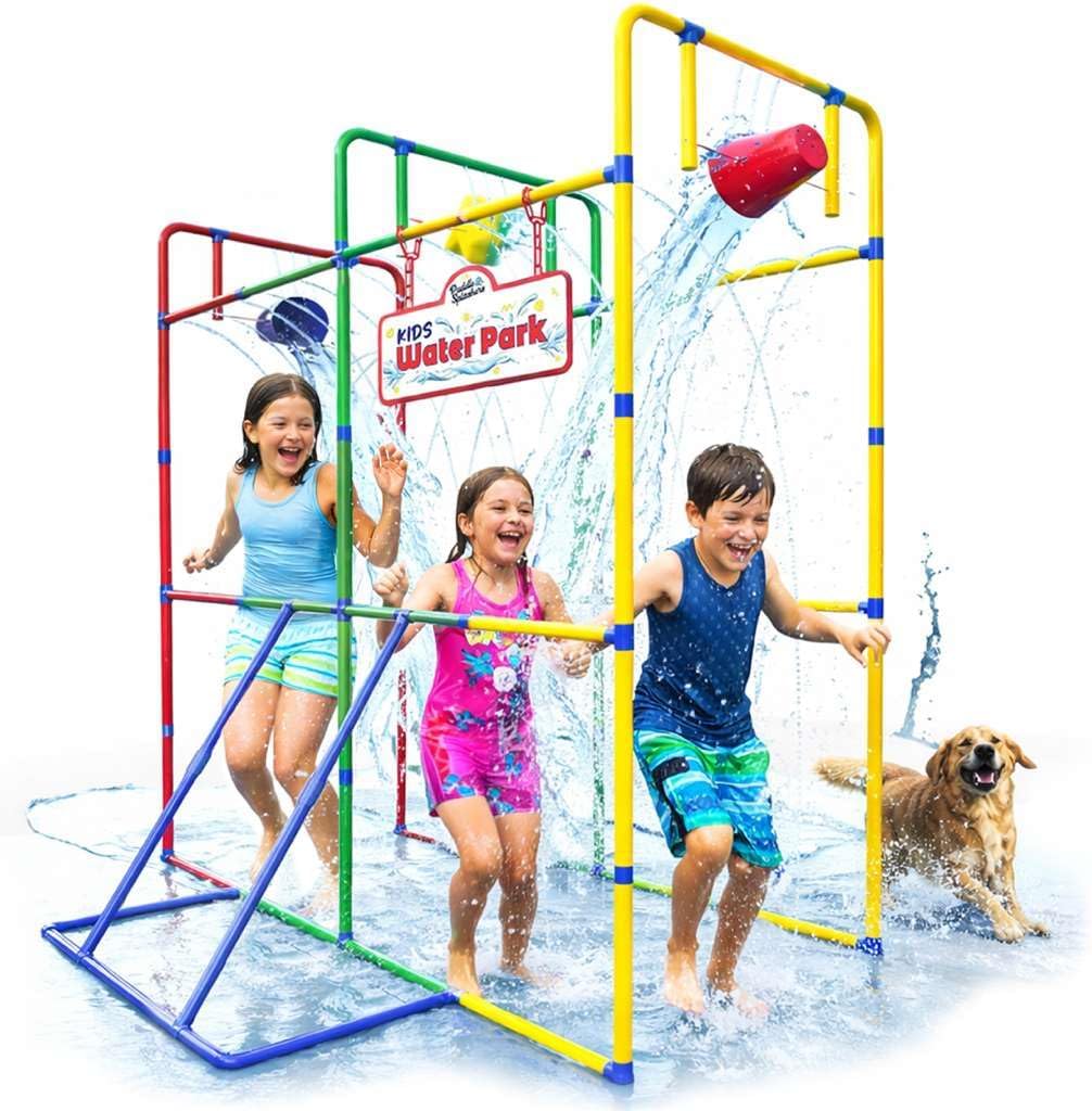 Backyard Waterpark with Splash Wheel, Dump Buckets for Kids Outdoor Water Play