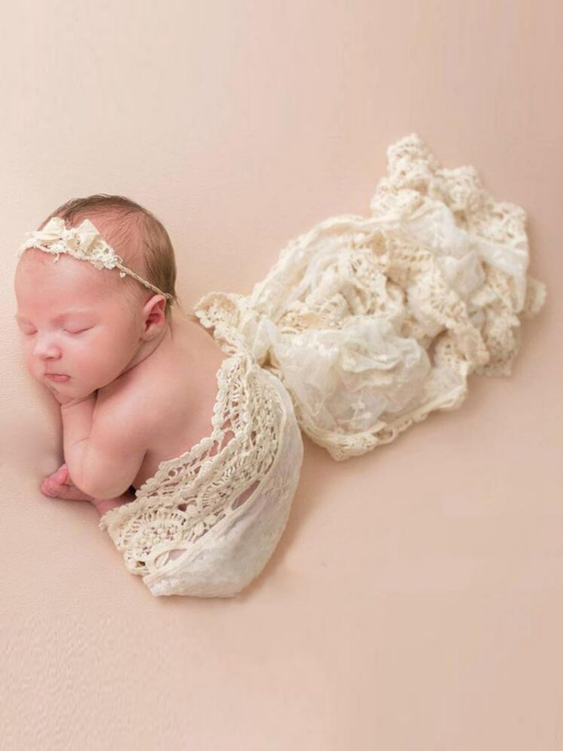Luxury Baby Photography Props Soft Blanket Newborn Photo Shoot Outfits Lace Blanket for Baby Boys Girls Wrap Photoshoot (Beige)