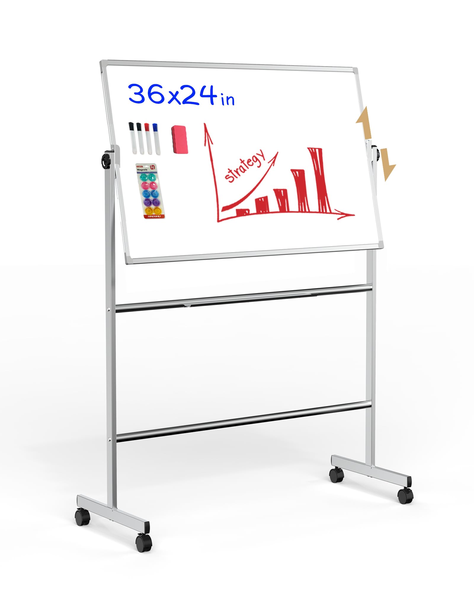 Double-Sided Rolling Whiteboard/w Height Adjustable,Mifuro 36 x 24 Large Portable Dry Erase Board with Stand and Wheels for Home, Office,Classroom &School, White