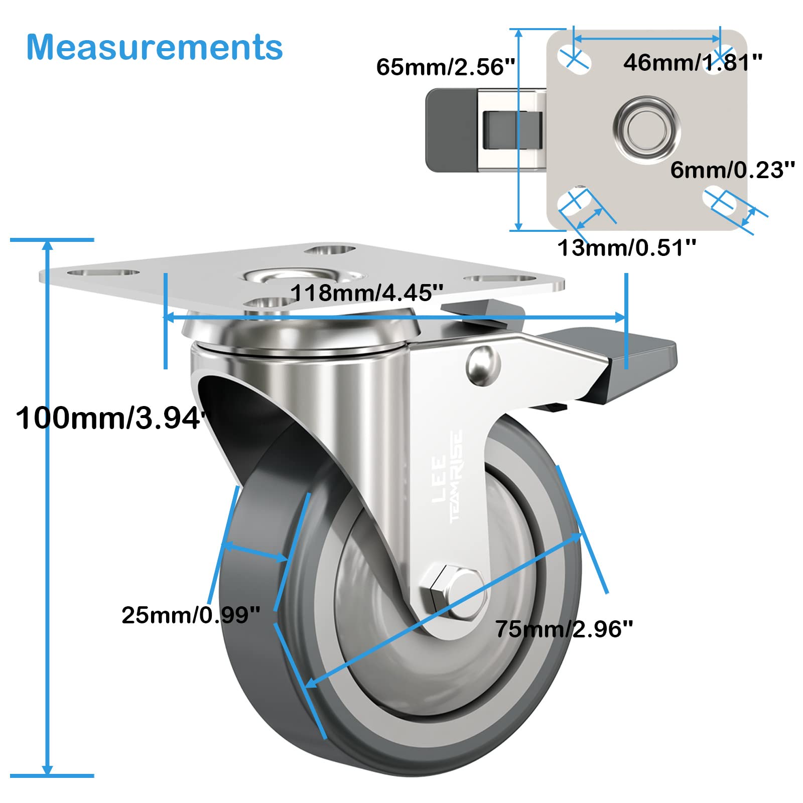3 Inch Caster Wheels, Rubber Wheels Silent Castor, Mauritius