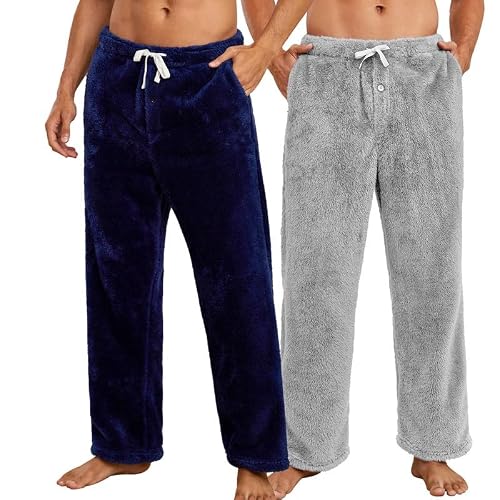 Vulcanodon 2 Pack Mens Plush Warm Pajama Pants, Fluffy Soft Fleece Sleep Pant with Pockets Lounge Pj Bottoms for Men