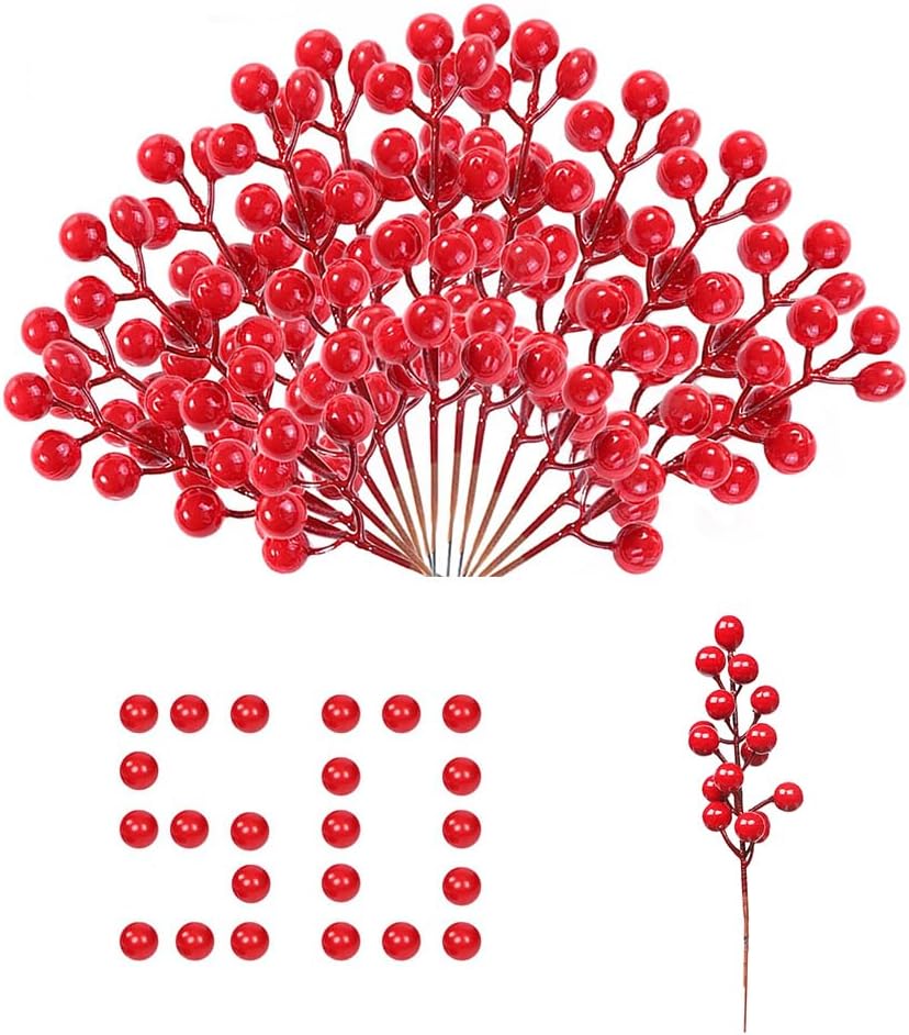 50 Pack Artificial Red Berry Stems, 8 Inch Burgundy Red