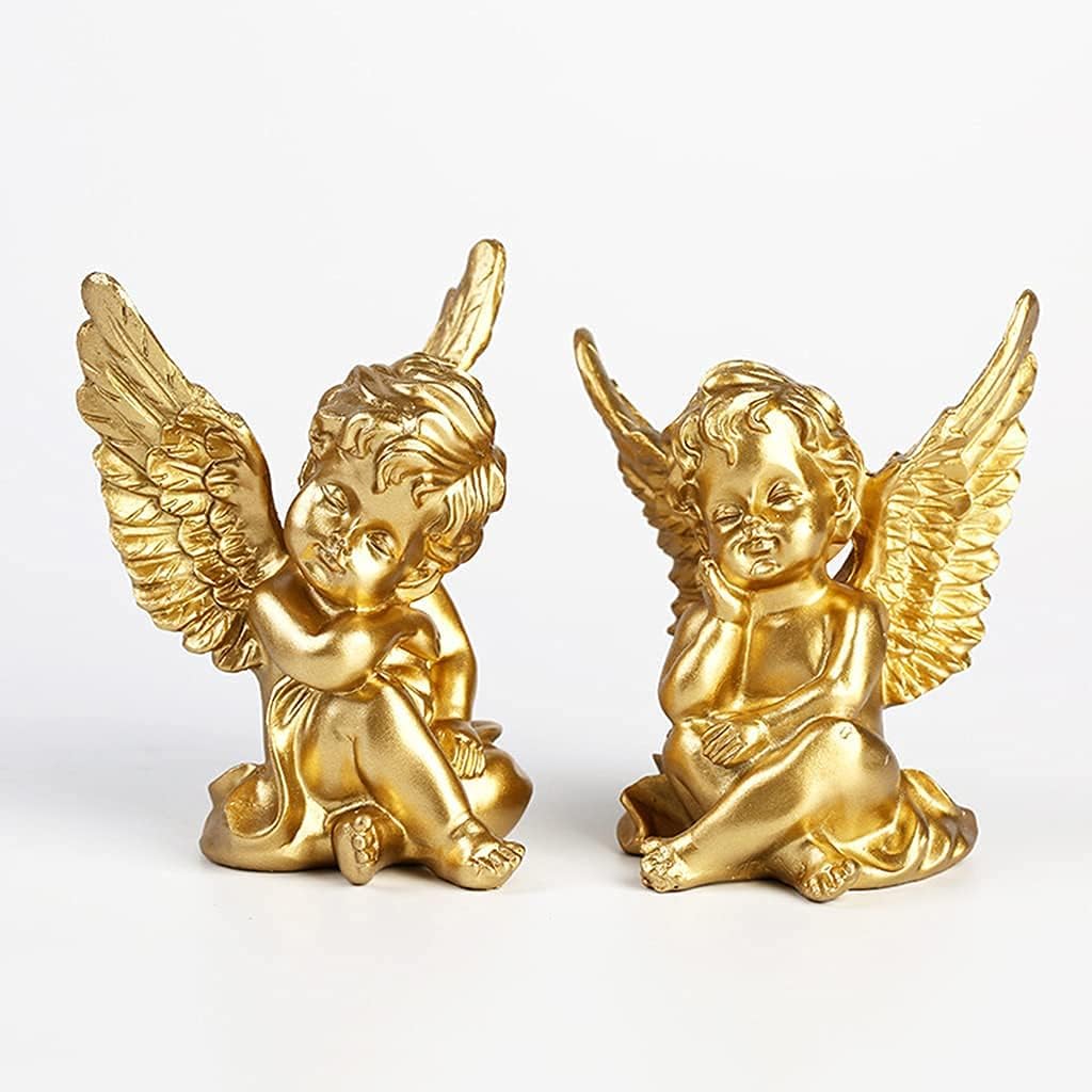 2pcs Angel Figurines Resin Angel Statue Memorial Statue Sculpture Desktop Ornament for Living Room TV Shelf Decor - Golden