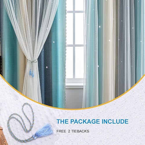 Miniatura 3 de conokata - 2 paneles de cortinas de estrellas para niñas y niños, para dormitorio, arcoíris, doble capa, diseño bonito, habitación de bebé,