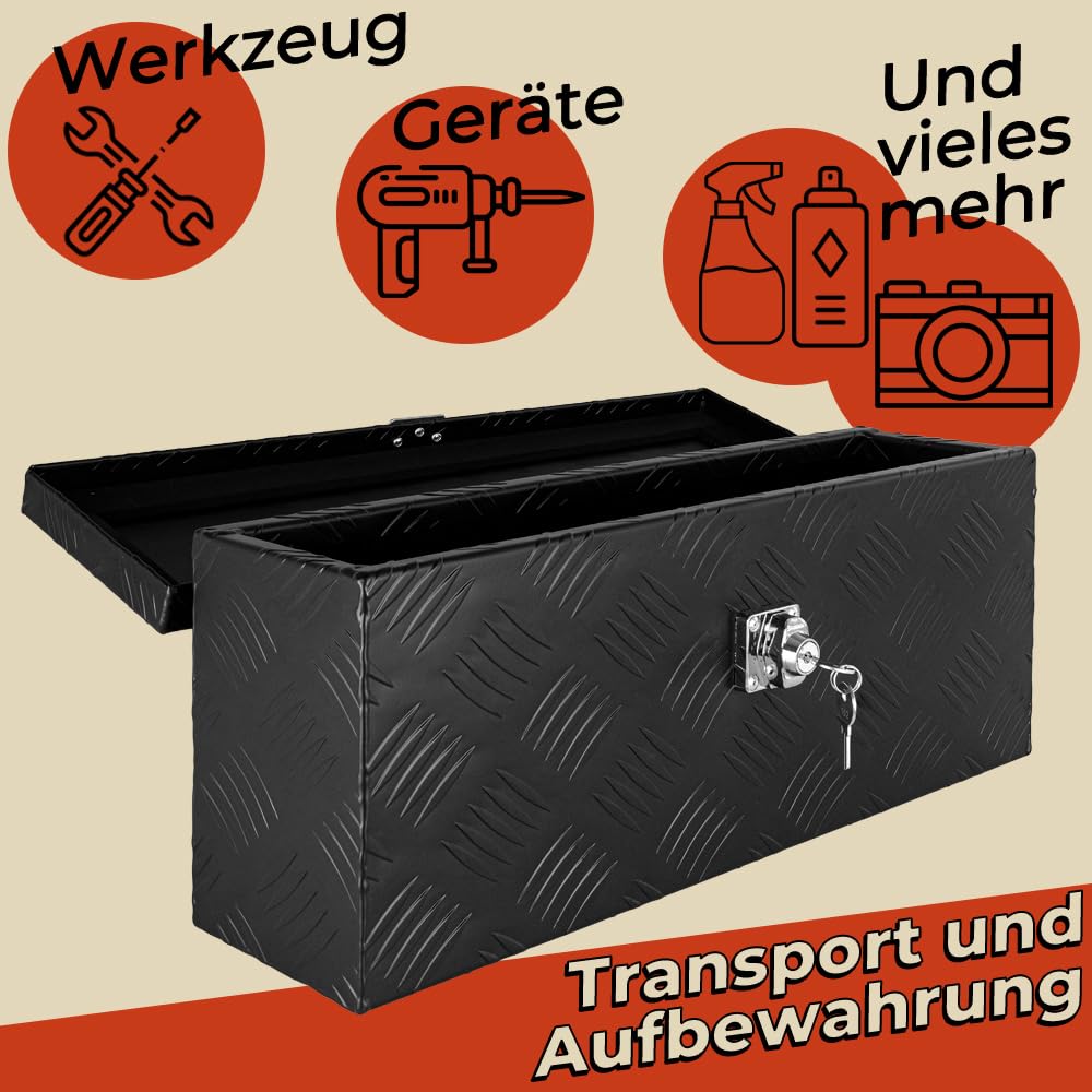 Trucky Deichselbox Schwarz Werkzeugkasten Truckbox Alu Box Anhänger Kiste mit Deckel Abschließbar Alubox Transportbox Werkzeugbox Aluminium Aufbewahrungsbox D015