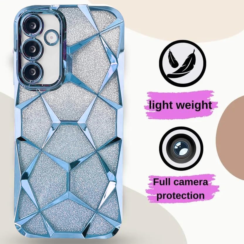 Image of VONZEE Gradient Glitter Clear Case for Samsung S25 Plus, Luxury Electroplated 3D Cube, Diamond Bling Shiny Soft TPU Clear Shockproof Women Girls Protective Phone Cover (Sierra Blue)