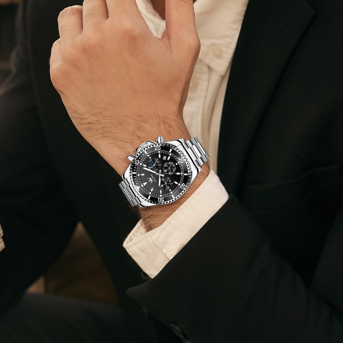 OLEVS Orologi per gli uomini Impermeabile Designer di Lusso Formale Luminoso Due Toni In Acciaio Inox Orologio Da Uomo Data Fase Lunare Cronografo Orologio Al Quarzo Regali