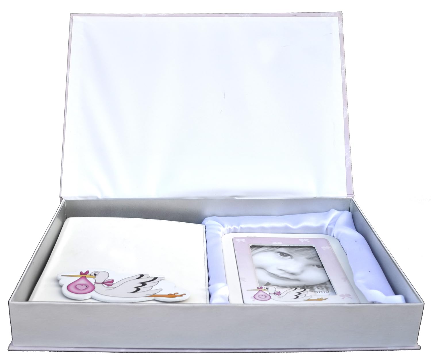 Dolce Arrivo: Set regalo tema Cicogna con Diario e Portafoto da tavolo Neonato nascita (Rosa)