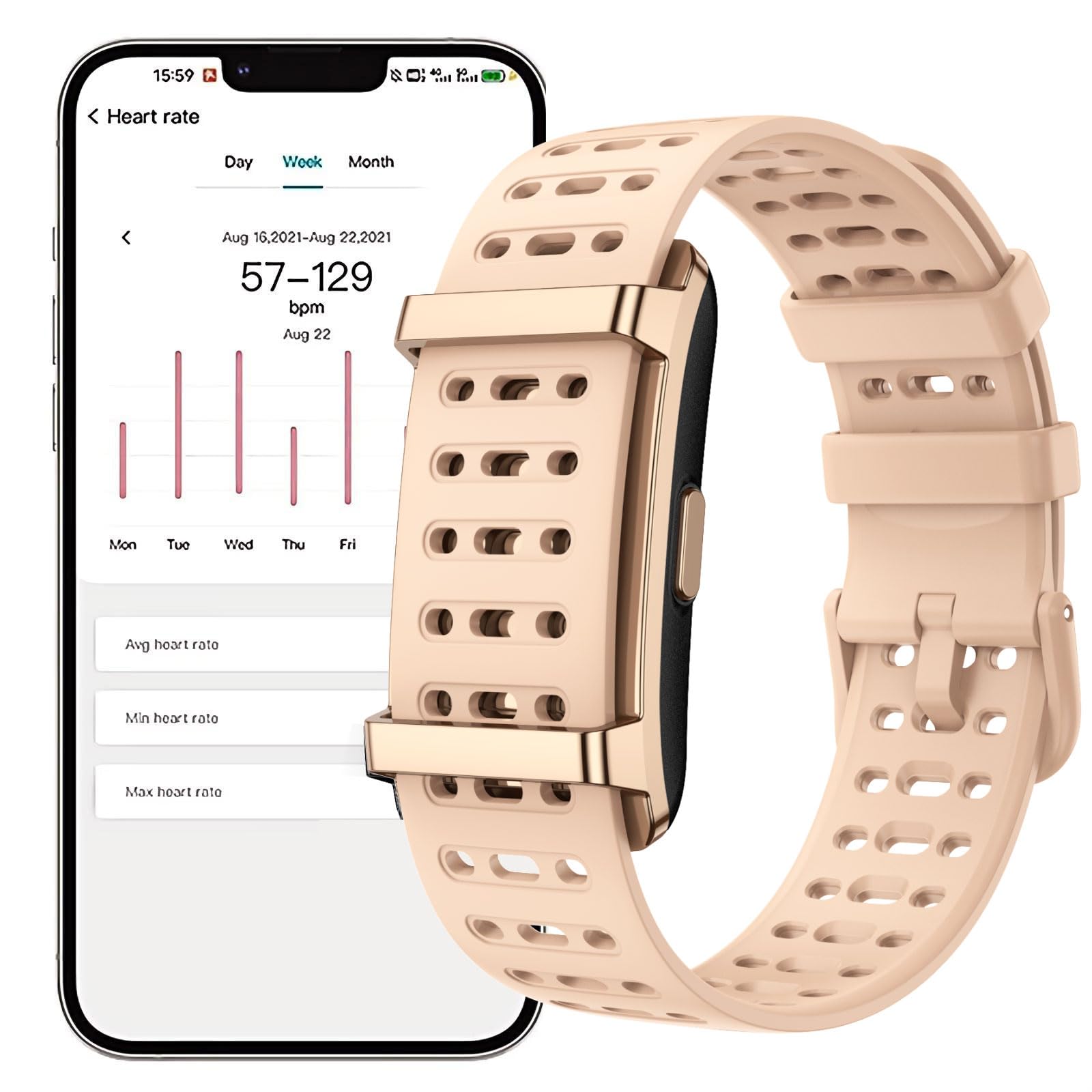findtime Tracker d'activité sans écran - Podomètre portable - Moniteur de fréquence cardiaque - Moniteur de sommeil - Mesure de la fréquence cardiaque - Bracelet en nylon - Mode multisports - Or rose
