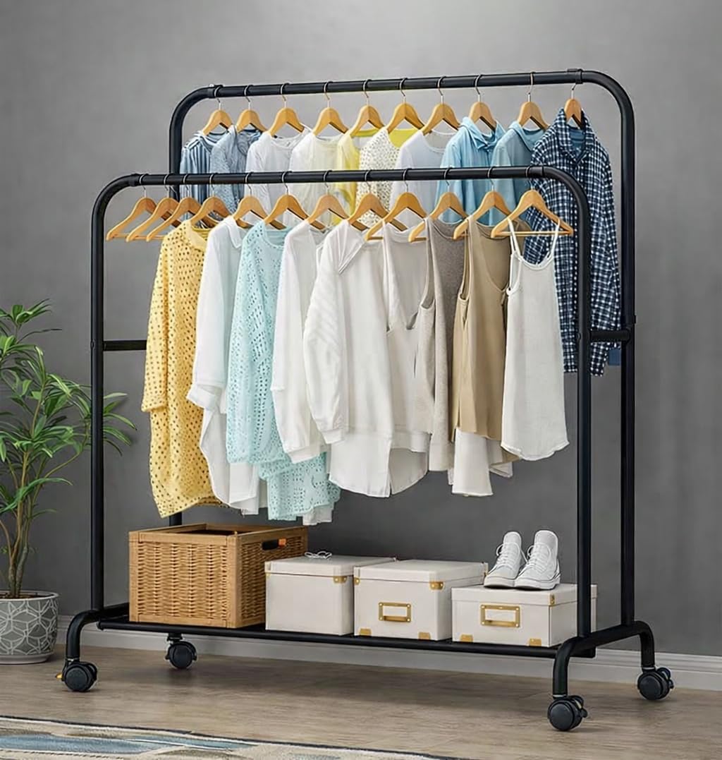 Ozoy Metal Multifunctional Heavy-Duty Quality Garment Stand Cloth Rack Freestanding Storage Organizer with Bottom Shelves Adjustable Single Pole Coat Hanger,Solid Stainless Steel Spider (RAIN-BLACK)