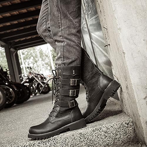 Men Motorcycle High Top Long Boots Microfiber Leather with Side Buckle Lace Up Keep Warm Military Tactical Combat Outdoors Round Toe Black Backpacking Shoes Strong Outsole Wear-Resistant Footwears4