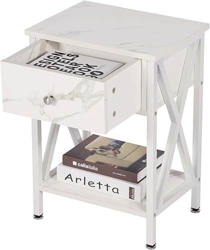 Miniatura 5 de VECELO - Mesas de noche para dormitorio, mesas de noche rústicas con cajón de almacenamiento, color blanco perlado