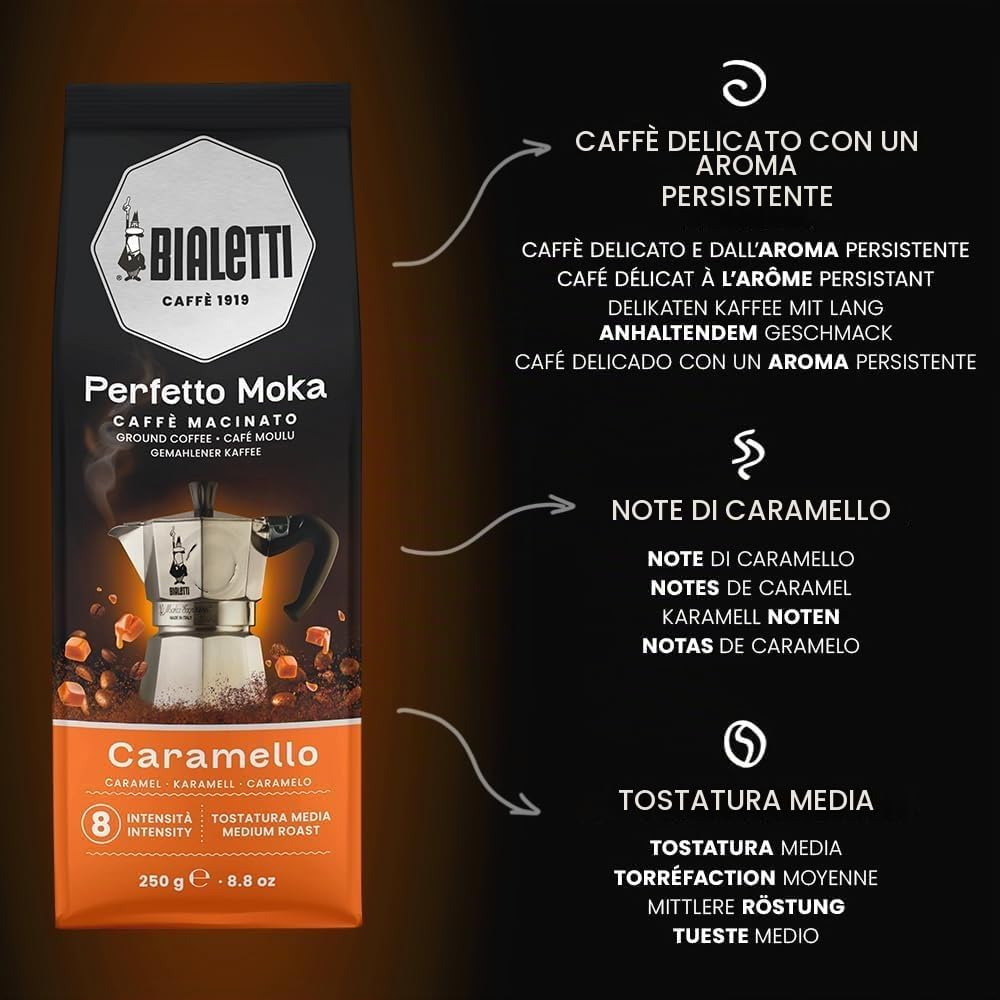 BIALETTI Caffè Macinato Perfetto Moka, 6 Sacchetti da 250 Grammi, Caramello, Tiramisù, Nocciola, Cioccolato, Intenso, Pregiato