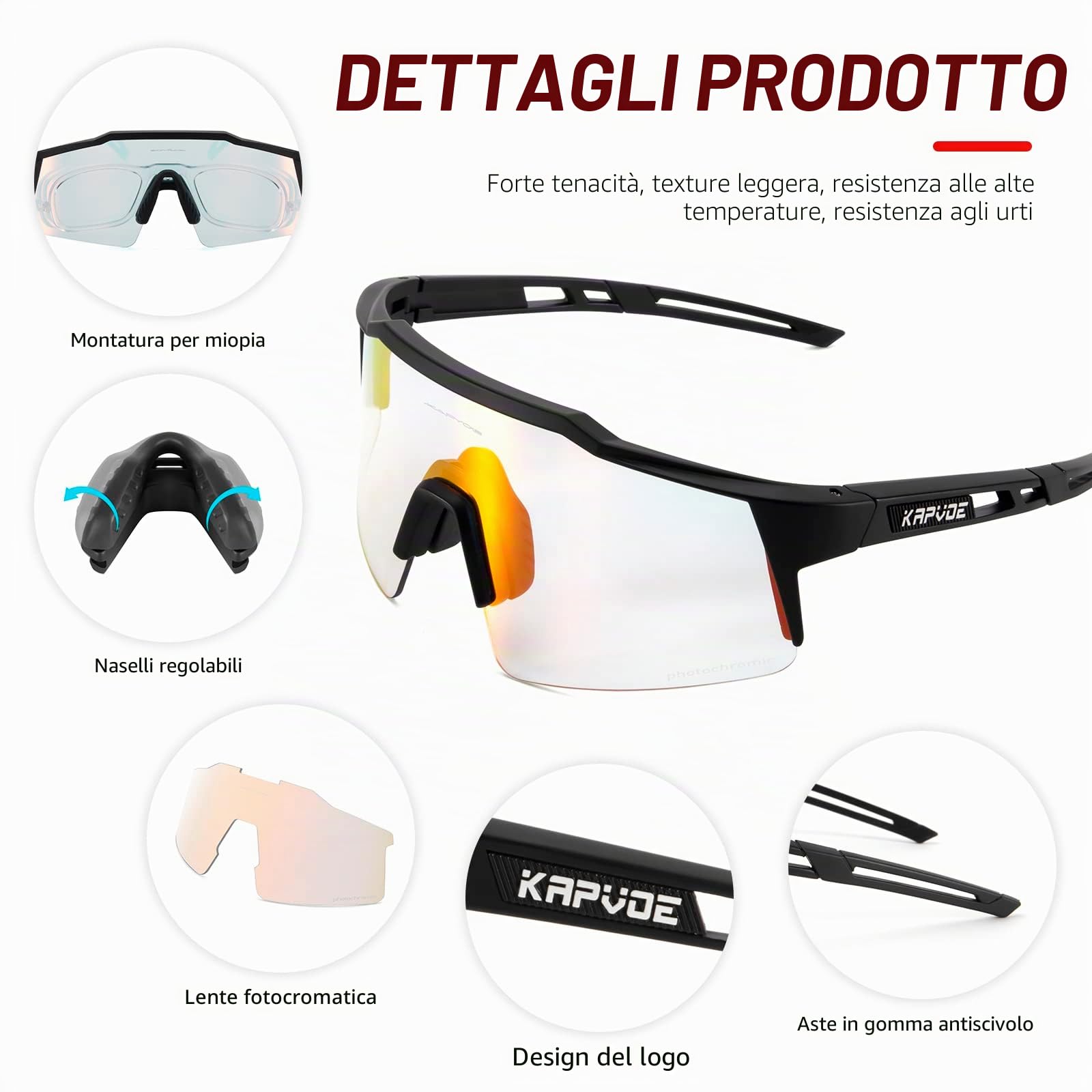KAPVOE Occhiali da ciclismo fotocromatici UV400 uomo donna TR90 K9023 | Occhiali da ciclismo fotocromatici, UV400 Protezione, Struttura TR90 e supporto interno integrato