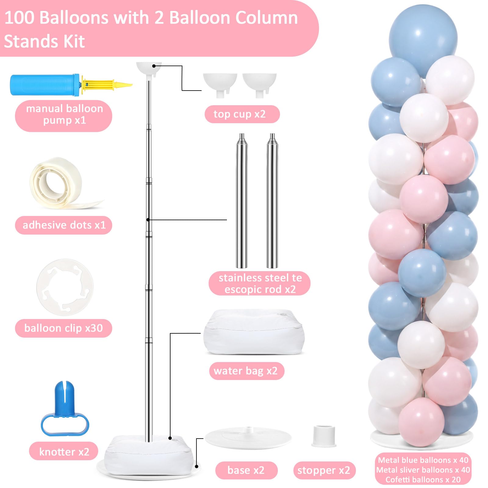 Juego de 2 soportes de columna para globos de color rosa y azul