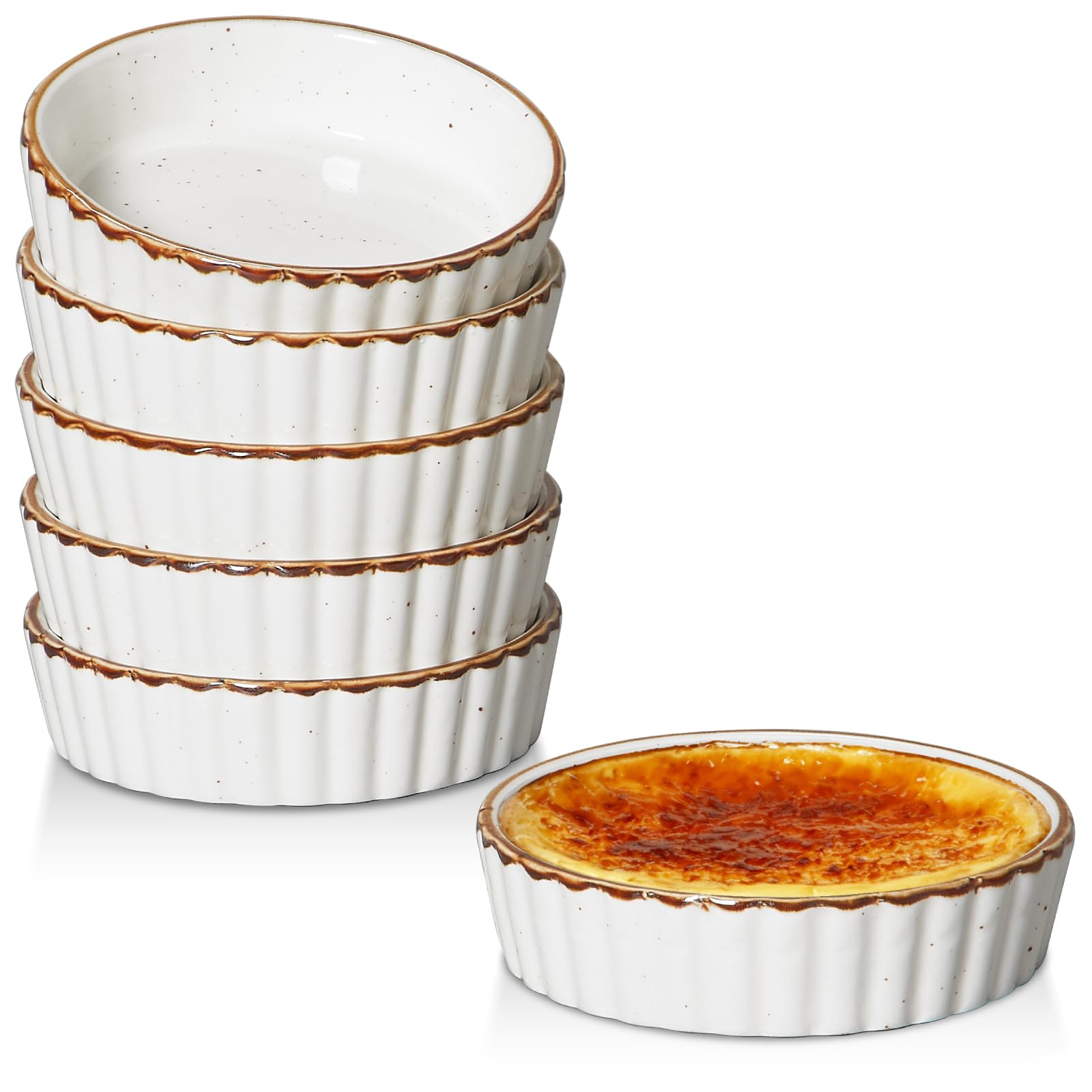 ONEMORE Ramekins 8 oz, Creme Brulee Ramekins Oven Safe for Baking 5.5 inch Ceramic Shallow Ramekins & Soufflé Dishes Rustic Fluted Ramekin Set of 6 Quiche Baking Dish Mini Tart Pans with Brown Rim