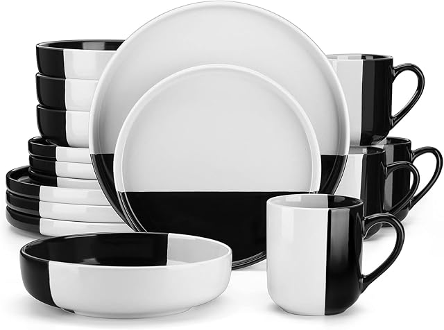 vancasso Aria Dinne Sets, White & Black Dipped Glaze Crockery Set, 16 Pieces Plates and Bowls Set with 10.2in Dinner Plate, 8in Dessert Plate, 860ml Pasta Bowl and 360ml Mug, Service for 4