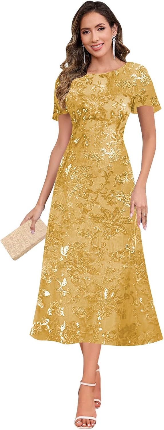 Sparkly Lace Mother of The Bride Dresses Tea Length Formal Evening Party Dress for Women