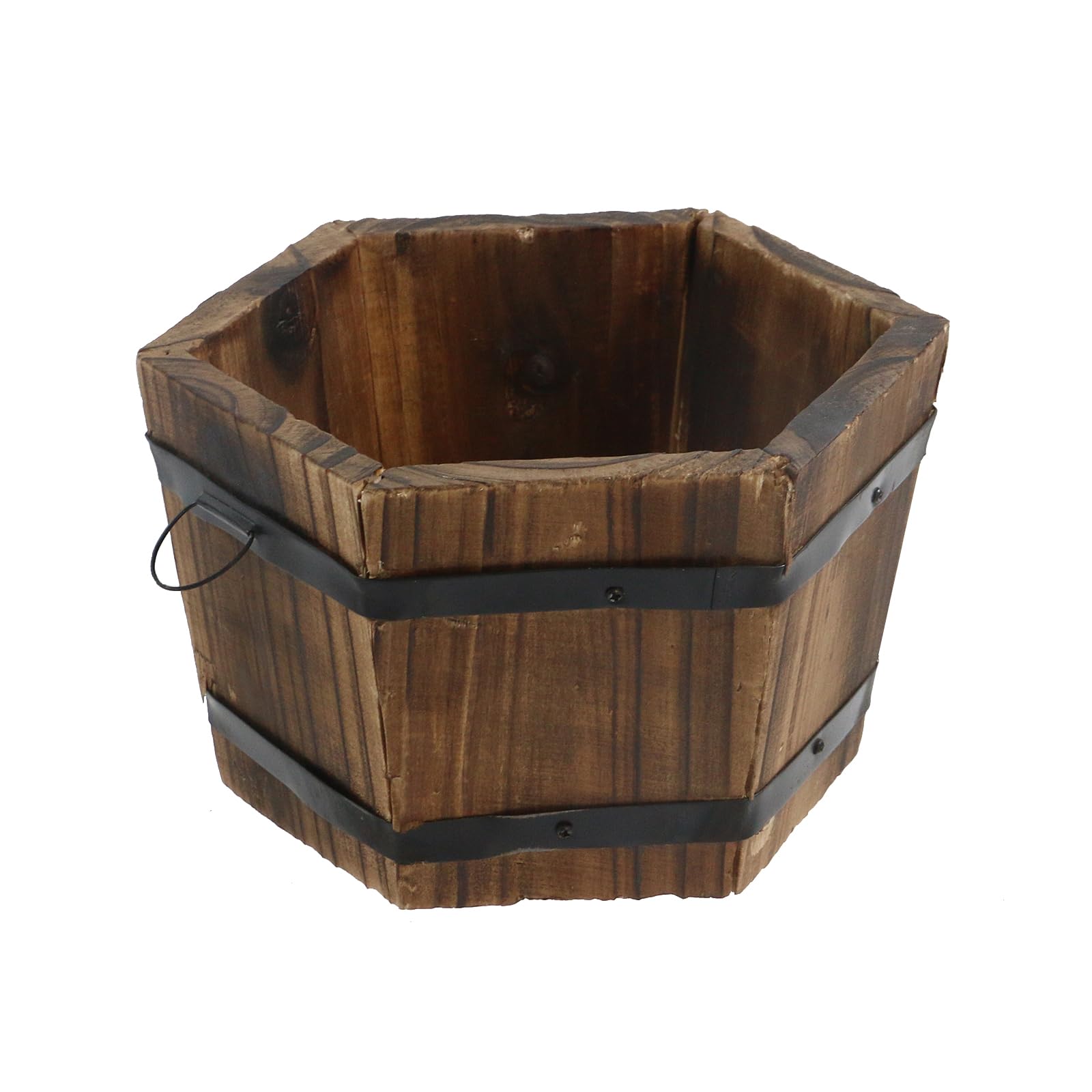 MY MIRONEY Plant Pots, Vintage Wooden Barrel Planter - Solid Rustic Garden Flower Pot with Metal Handles & Frame for Indoor Planter, Office Home Decor