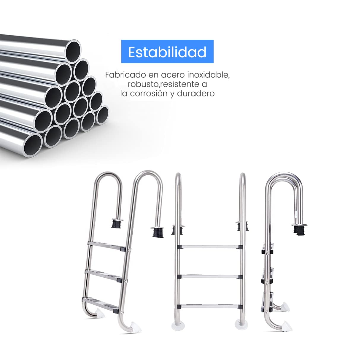 RELAX4LIFE Escalera de Piscina de Acero Inoxidable con 3 Peldaños Antideslizantes, Escalera Piscina Desmontable para Piscina, SPA y Parques Acuático, Carga 150kg, 55x25x132,5cm, Plateado