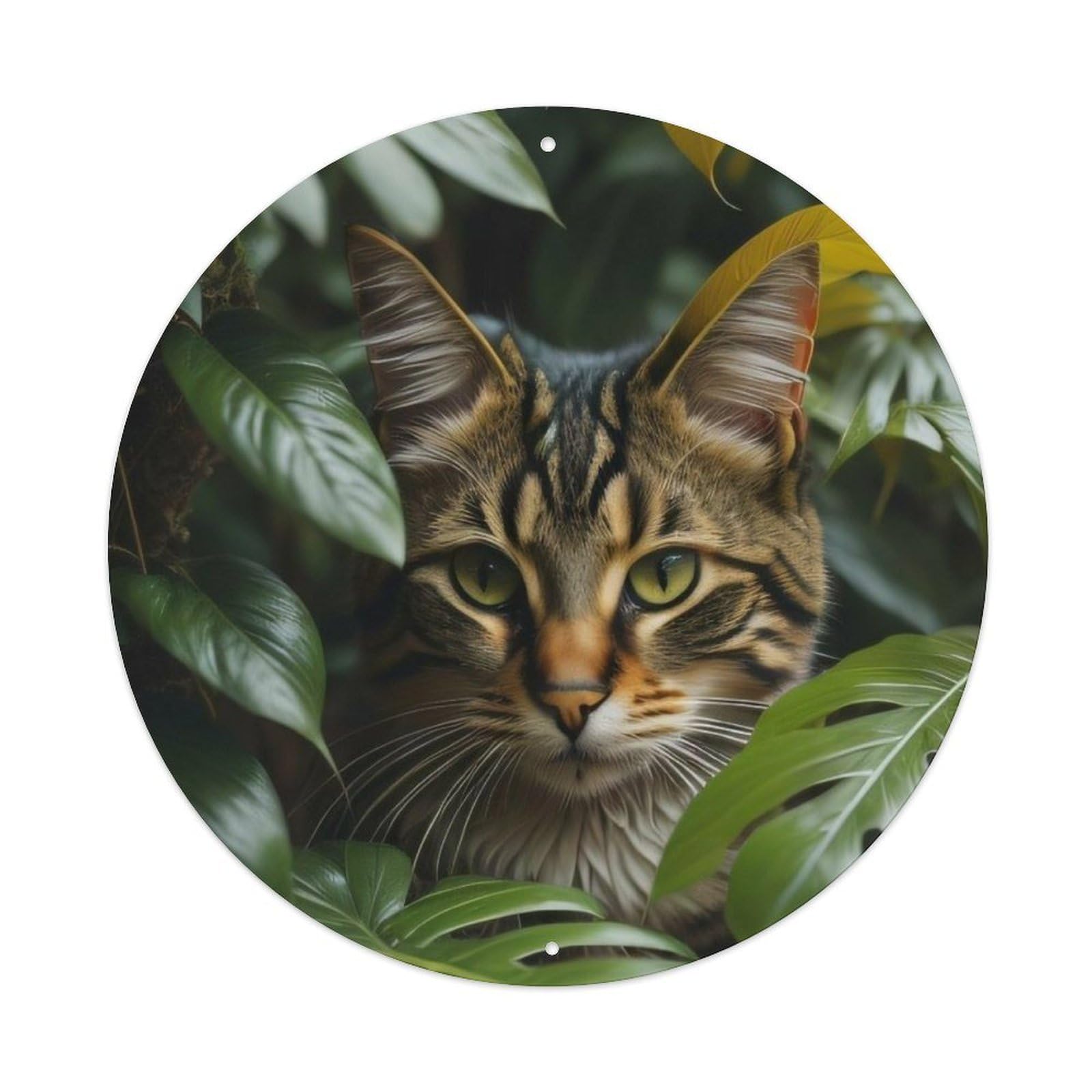 Animal Tabby Cat Tropical Greenery Wildlife Inspired Nature Themed Vintage Metal Tin Sign Plaque Wall Decor for Cafe, Club Bar, Office, Garden Metal Poster 8x8Inch