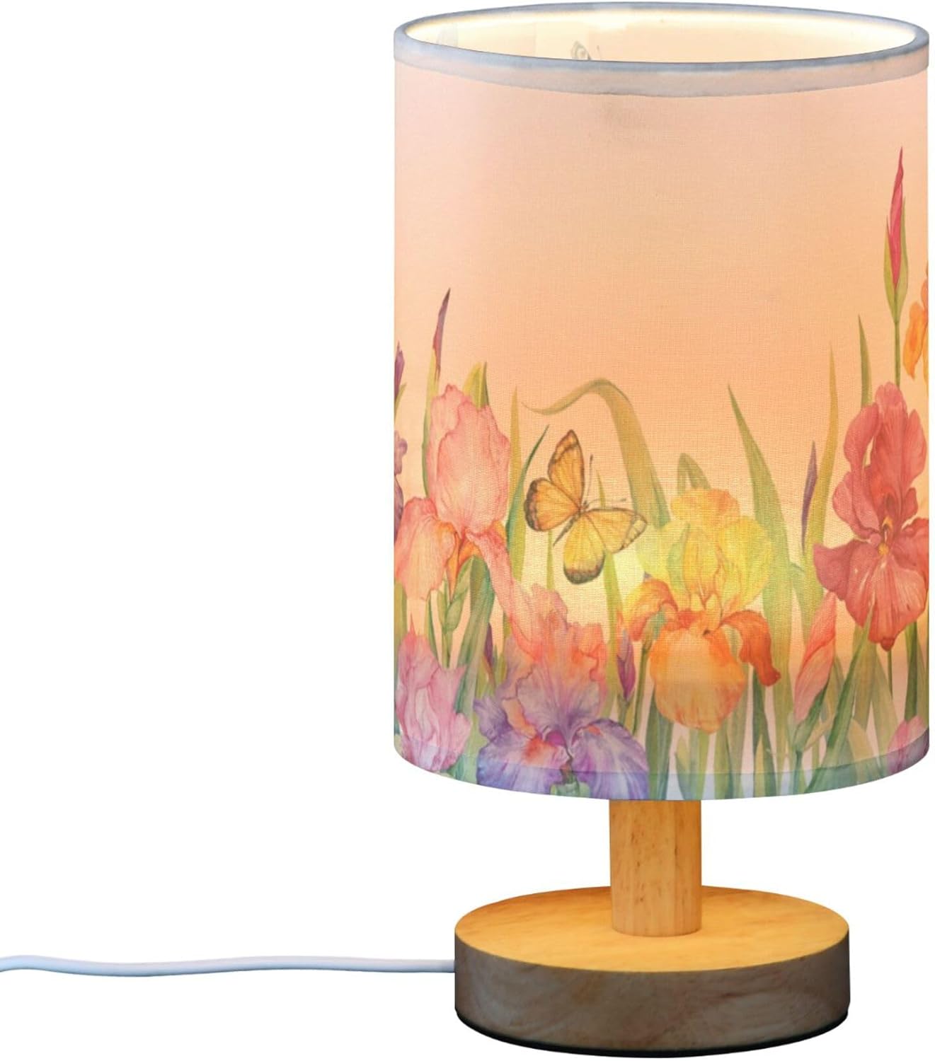 Table Lamp Iris Flower Field with Butterfly Green Leaf Nature Floral Nightstand Lamp with Wood Base Fabric Lamp Shade Bedside Desk Lamp for Living Room Bedroom Kids Room Office