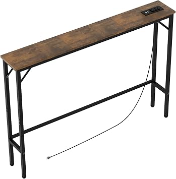 Aduanbang 5.9" Console Table with Outlet Narrow Sofa Table, Behind Couch Table for Living Room & Hallway, 5.9" x 39.4" x 30", Metal Frame, Rustic Brown