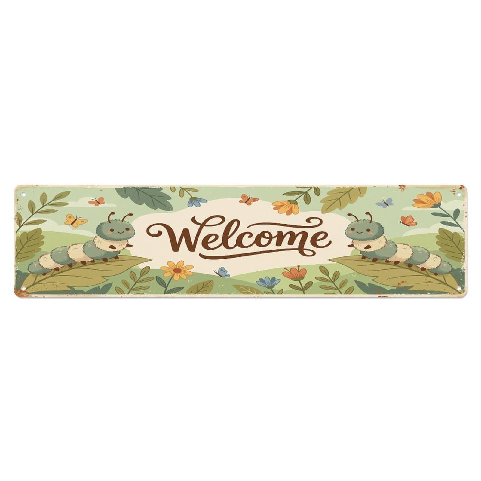 Cxhjca 4X16inch(10X40cm) Vintage Welcome Caterpillar Leaf Metal Tin Sign