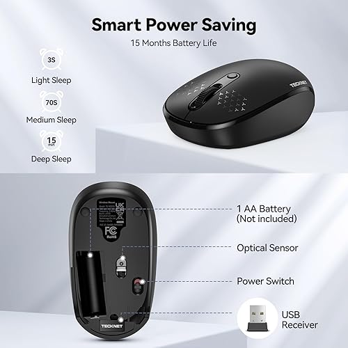 Miniatura 6 de Tecknet Mouse inalámbrico, mouse silencioso de 2.4 GHz con receptor USB, 4 botones, portátil, inalámbrico, para Chromebook, laptop, computadora,