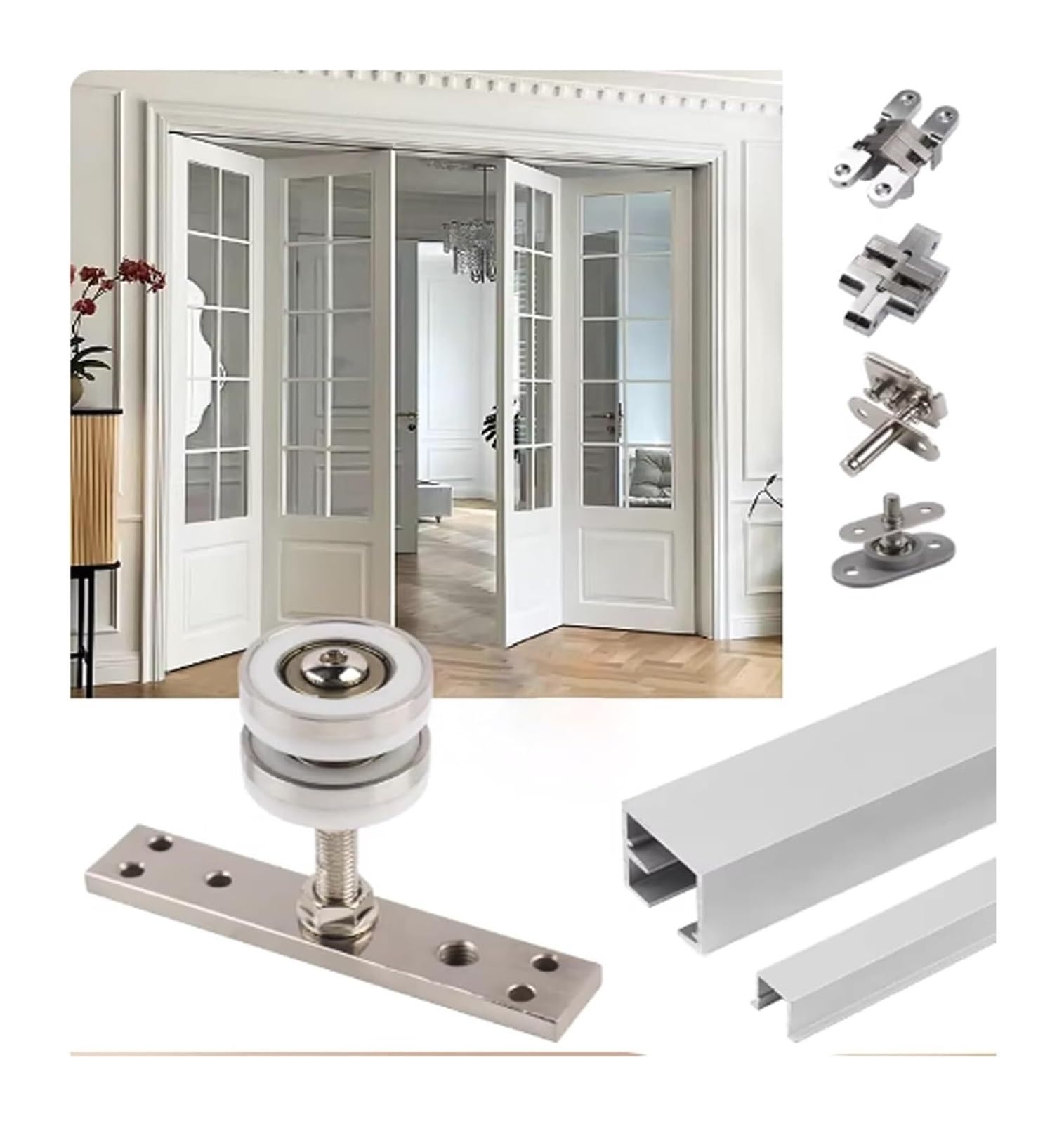 EBZFASO Sliding Door Track, Sliding Folding Door Hardware Repair Kit 2 Doors Heavy Duty Aluminum Track(66cm/26in)
