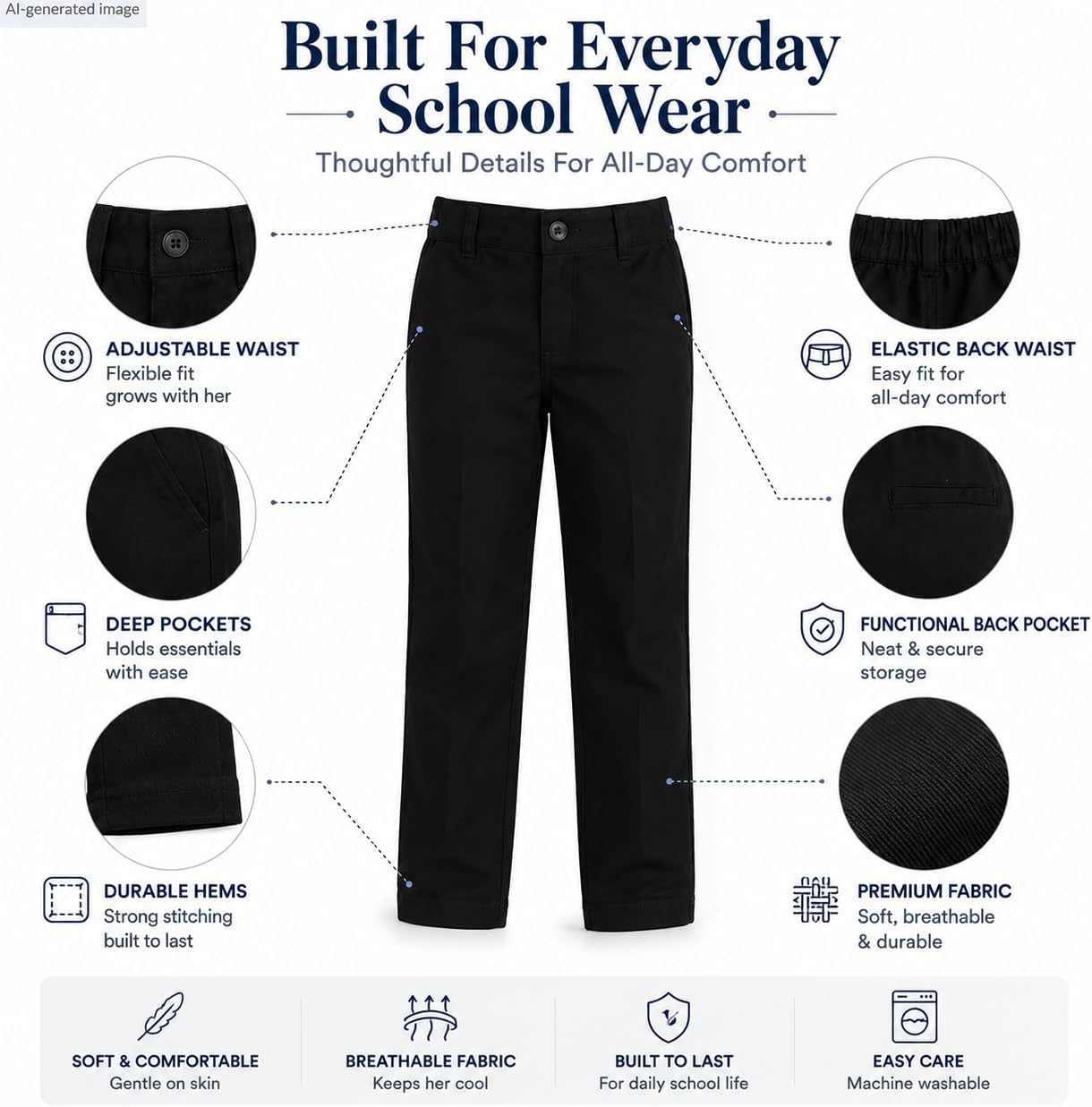 Bienzoe Girls School Uniform Pants: Adjustable Waist Cotton Stretch Slim Flat Front Big Kids Slacks