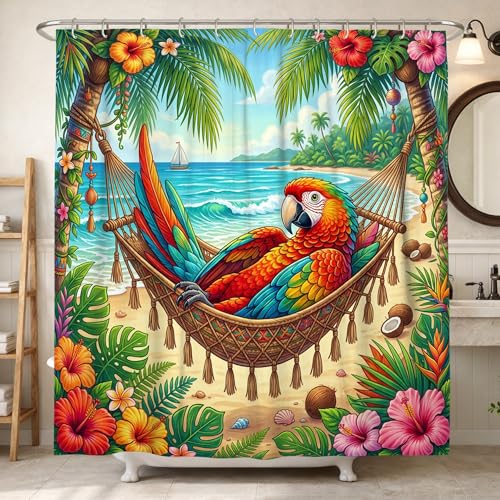 Papageien-Duschvorhang, tropische lebendige Hängematte, Palmenblätter, Sommer, mehrfarbig, wasserdicht, Stoff, Badewannentuch, Vorhänge, Dekoration für Toilette, Badezimmer, Wohnheim, 157 x 183 cm