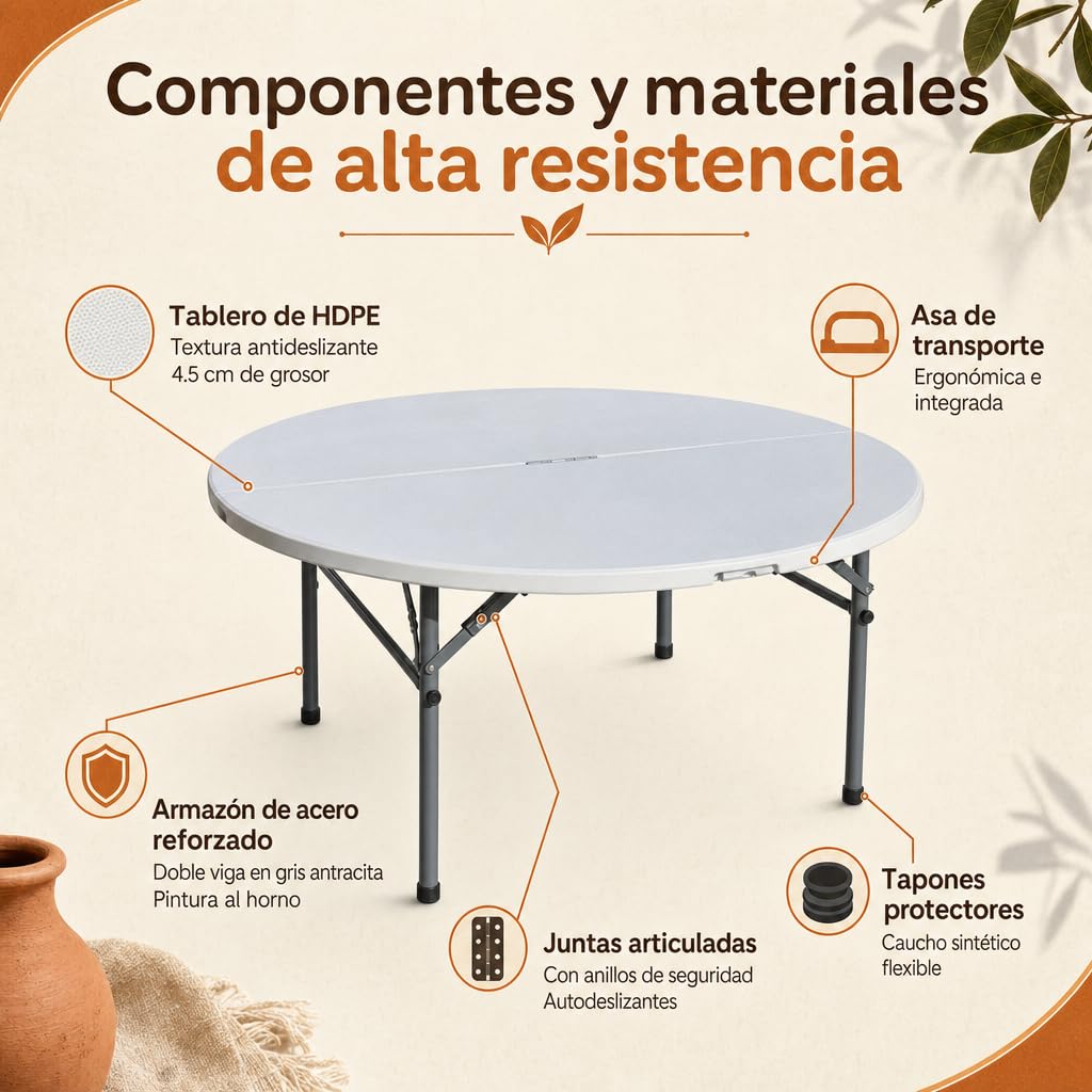 Mesa Redonda Plegable portátil para Eventos, reuniones Familiares y Catering en Interiores o Exteriores.