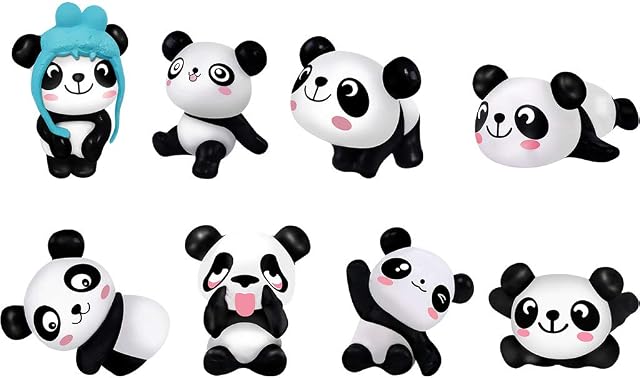Panda Cake Topper Set - 8 Pcs Panda Gardening Doll Aquarium Decoration Playset Toys Cute Figures Party Decor